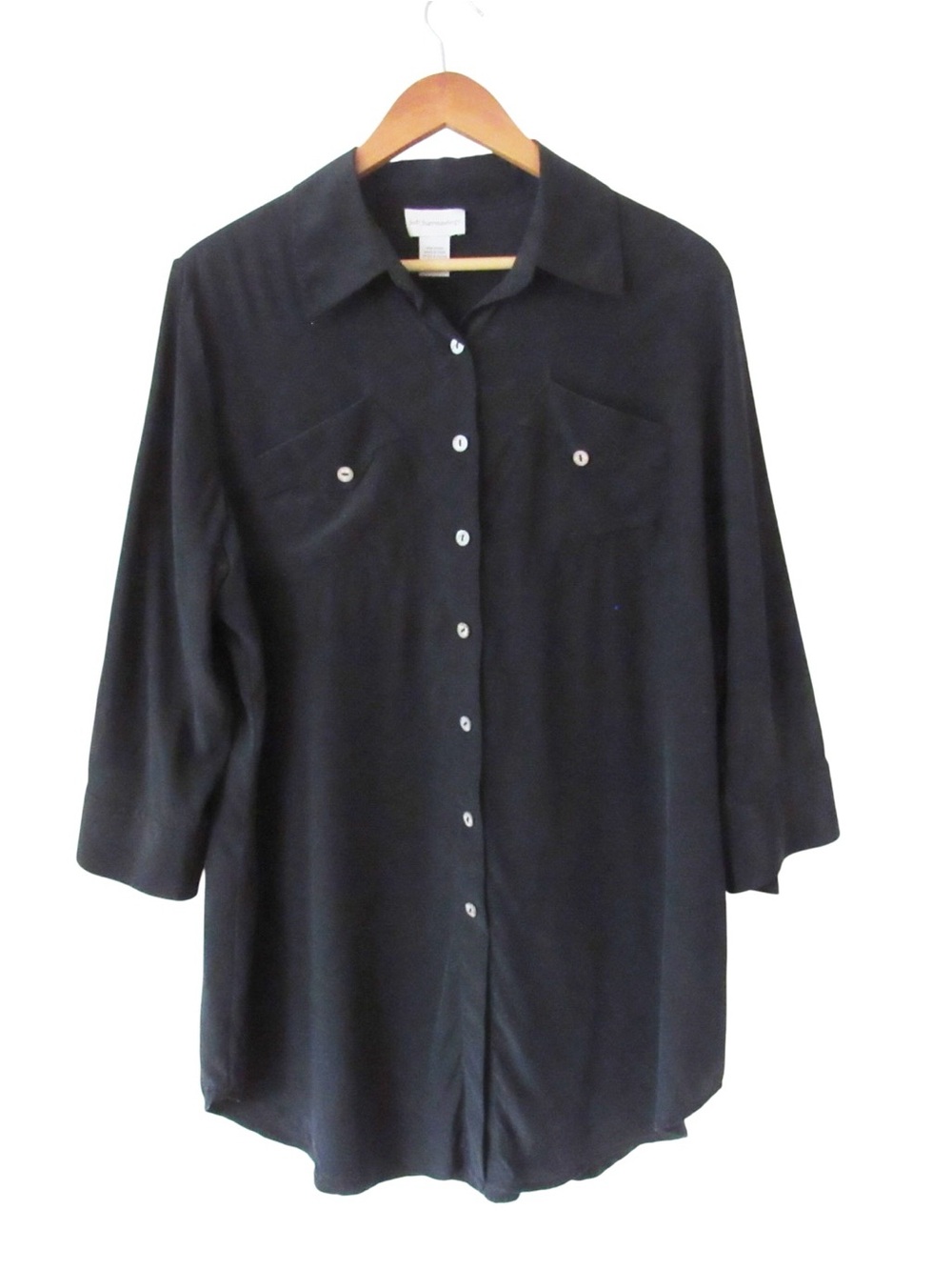 Soft Surroundings Silk Button Down Shirt Tunic Large Black Lagenlook Minimalist